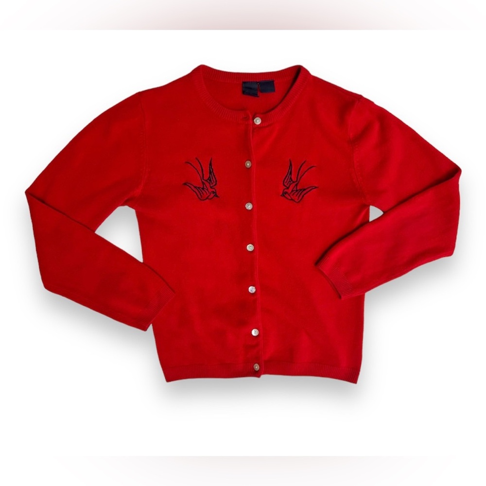 Vintage y2k 90s E.C Star Embroidered Swallows Sparrows Pinup Rockabilly Cardigan